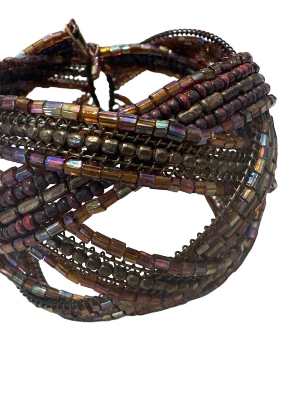 Handmade Multi-Strand Brown Metallic Beaded Cuff Bracelet Chunky Boho Style
